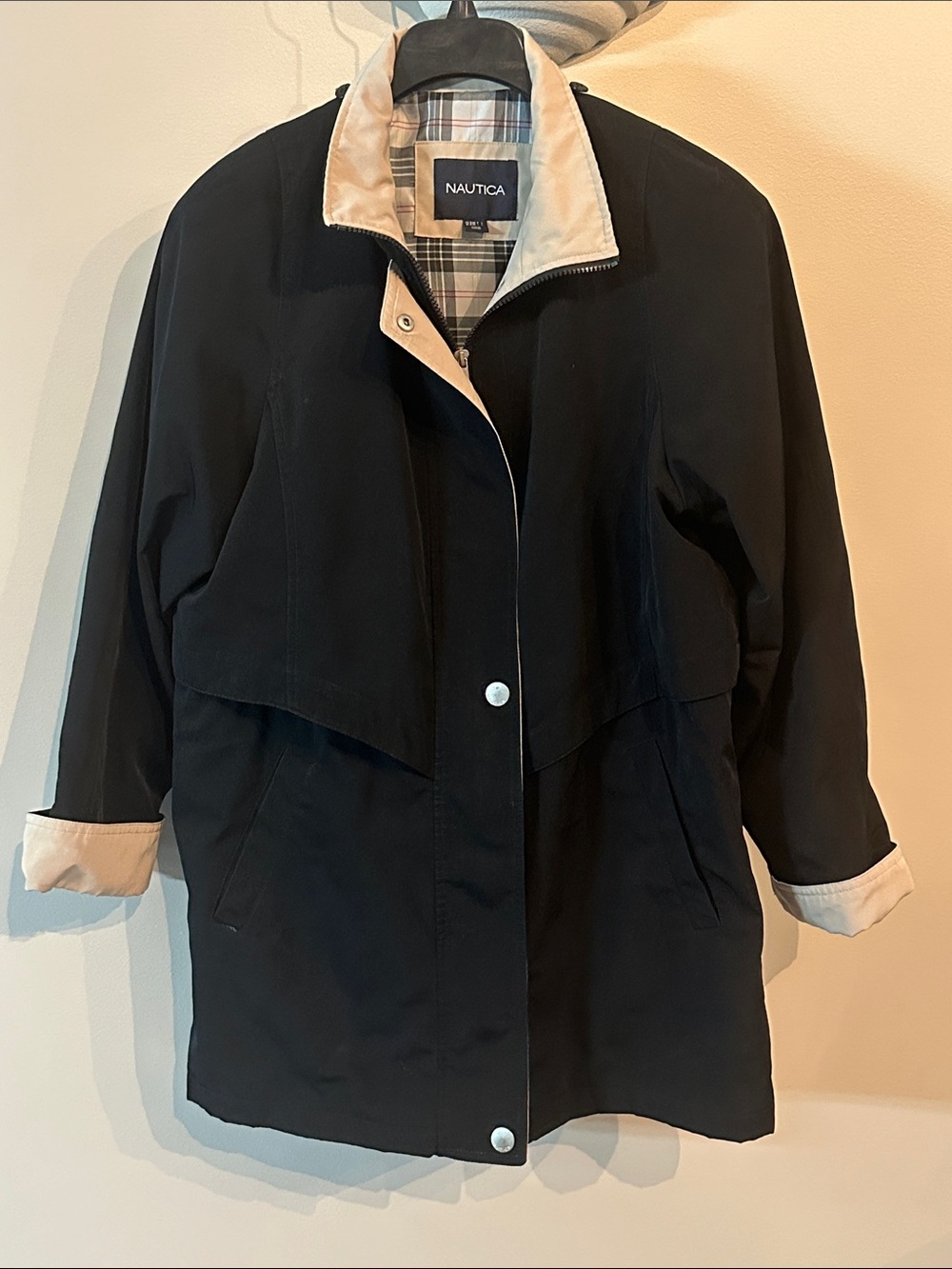 Nautica Black Trench Coat with Beige Trim